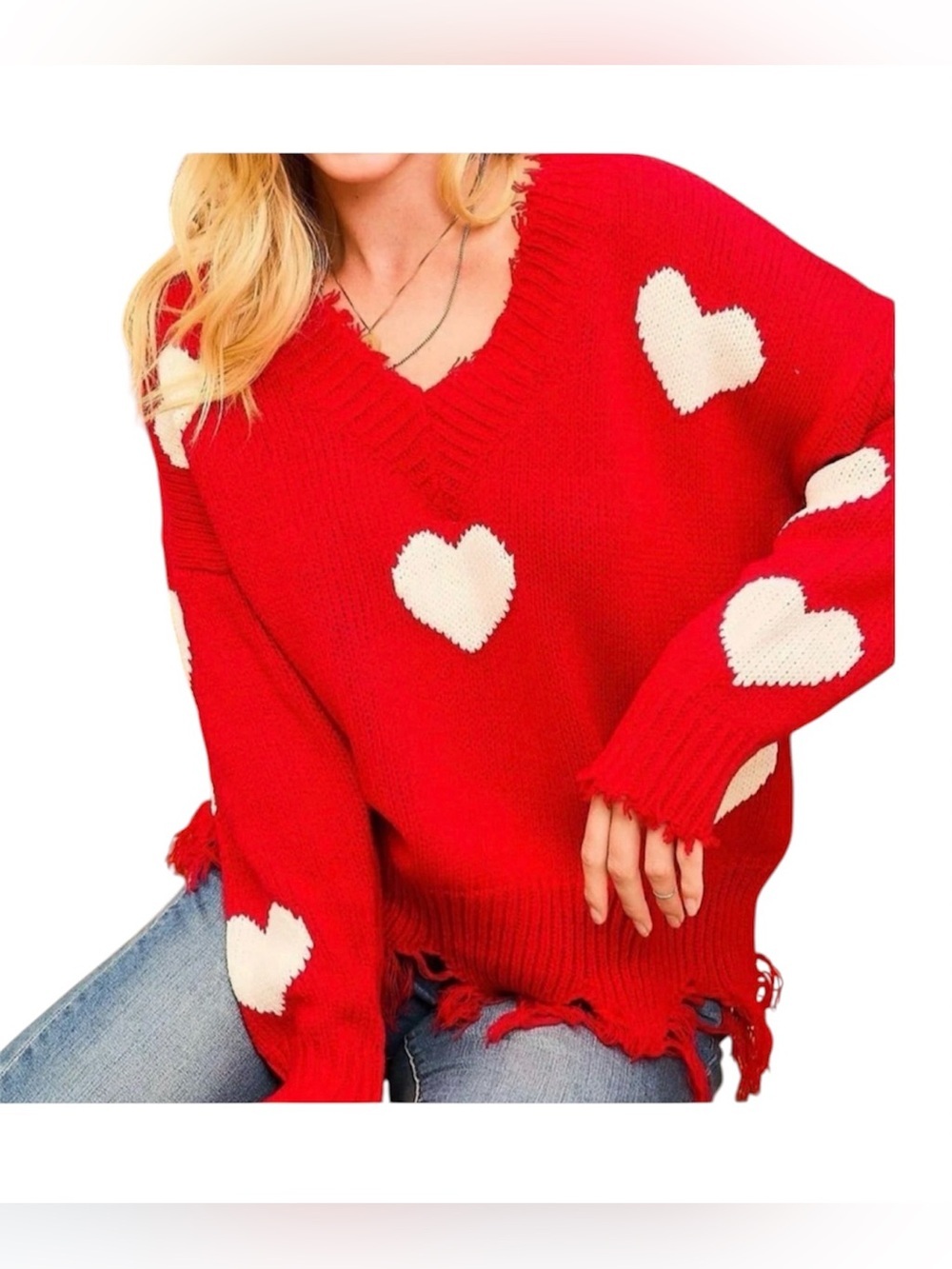 Main Strip Red and White Distressed
Hearts Sweater